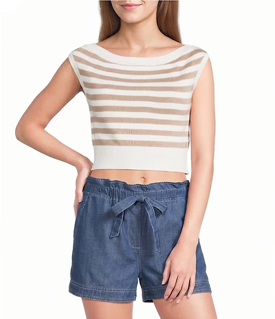 Blu Pepper Stripe Boat Neck Short Sleeve Cropped Knit Sweater