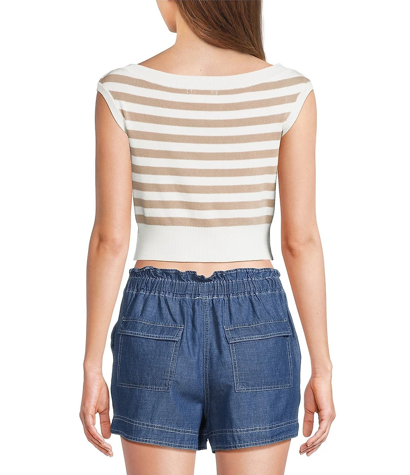 Blu Pepper Stripe Boat Neck Short Sleeve Cropped Knit Sweater