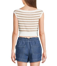 Blu Pepper Stripe Boat Neck Short Sleeve Cropped Knit Sweater