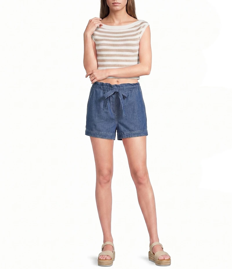 Blu Pepper Stripe Boat Neck Short Sleeve Cropped Knit Sweater
