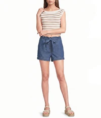 Blu Pepper Stripe Boat Neck Short Sleeve Cropped Knit Sweater