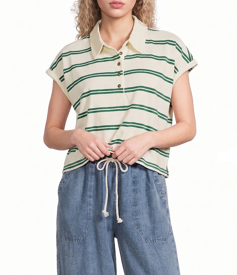 Blu Pepper Striped Collared Short Sleeve Boxy Knit Top