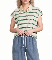 Blu Pepper Striped Collared Short Sleeve Boxy Knit Top
