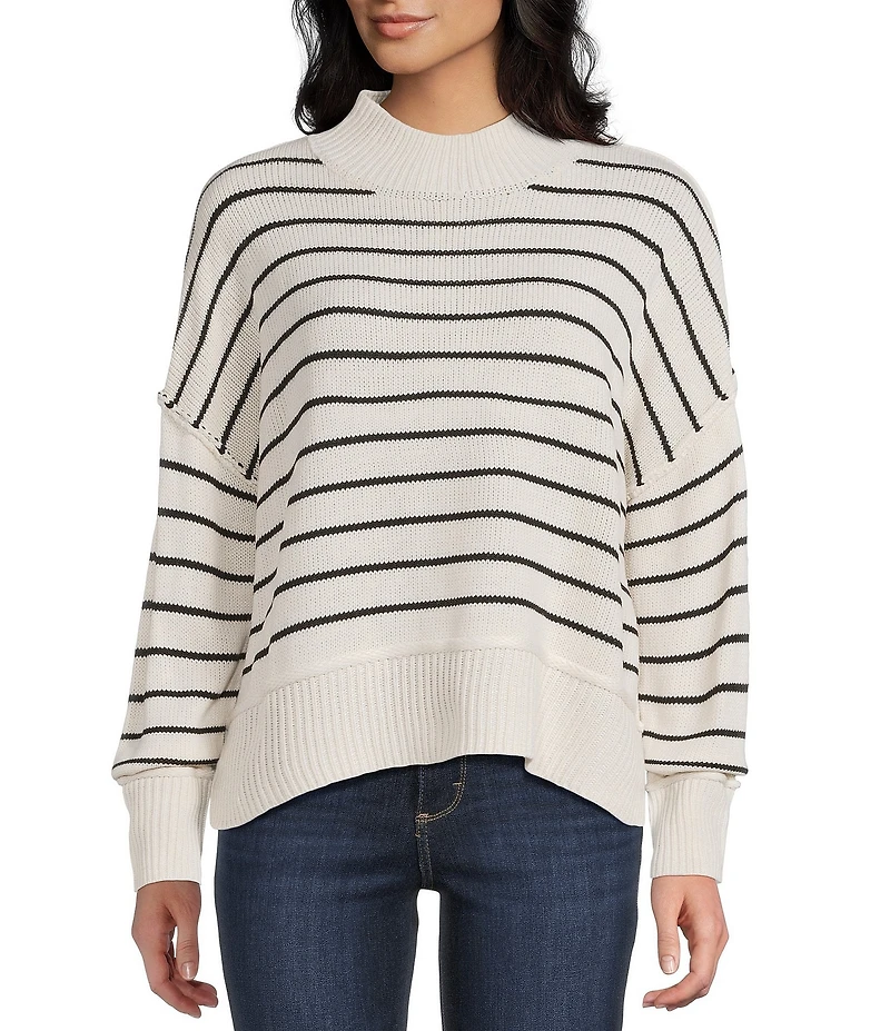Blu Pepper Striped Knit Mock Neck Side Slit Sweater