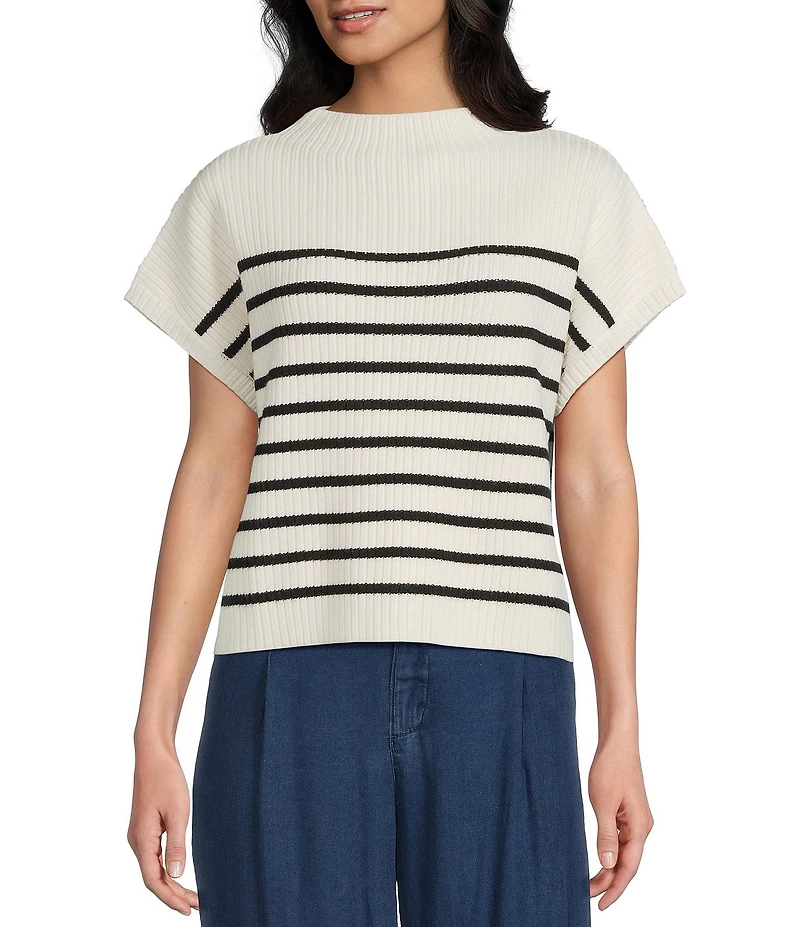 Blu Pepper Striped Mock Neck Dolman Short Sleeve Sweater
