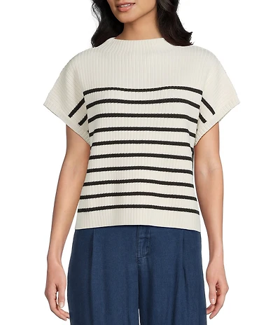 Blu Pepper Striped Mock Neck Dolman Short Sleeve Sweater