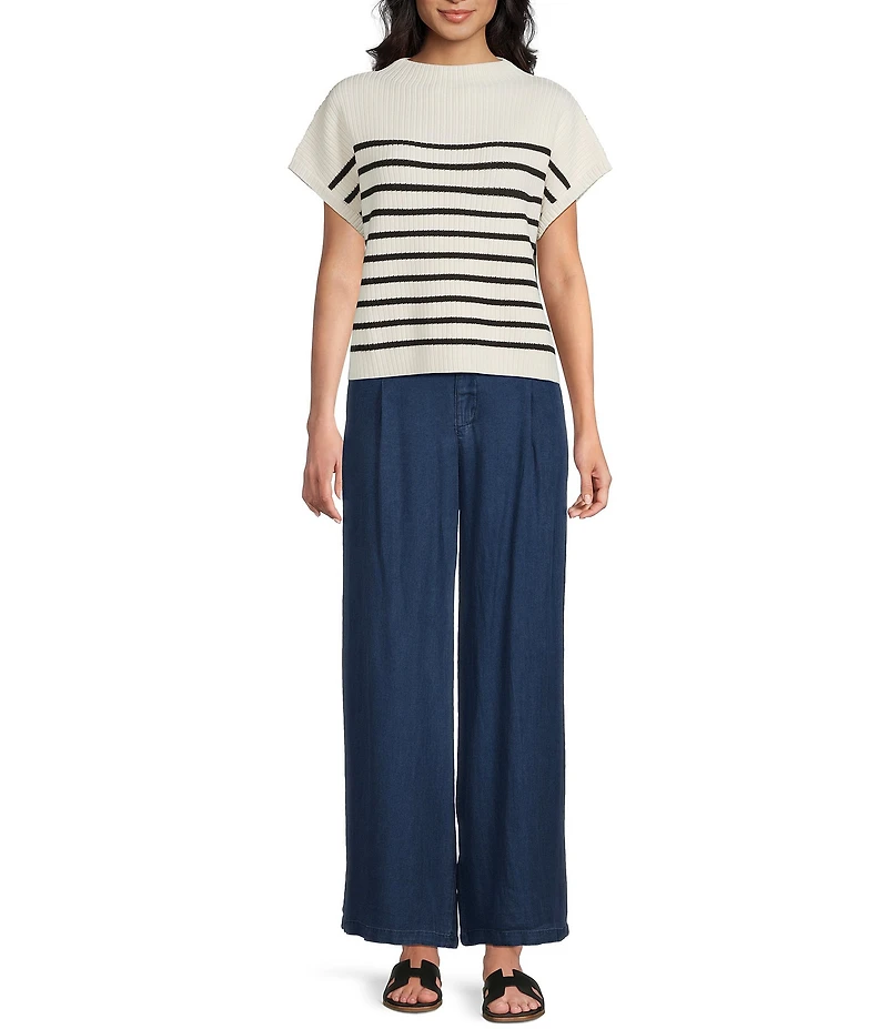 Blu Pepper Striped Mock Neck Dolman Short Sleeve Sweater