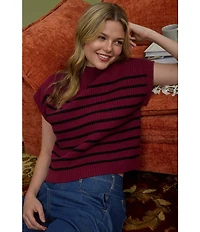 Blu Pepper Striped Mock Neck Dolman Short Sleeve Sweater