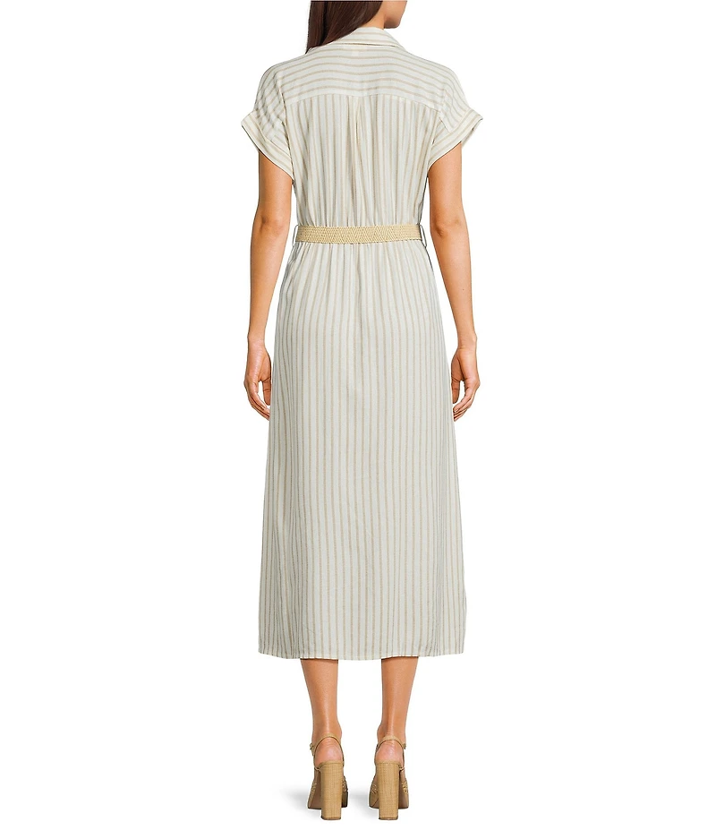 Blu Pepper Striped Short Sleeve Button Front Belted Midi Shirt Dress