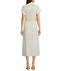 Blu Pepper Striped Short Sleeve Button Front Belted Midi Shirt Dress