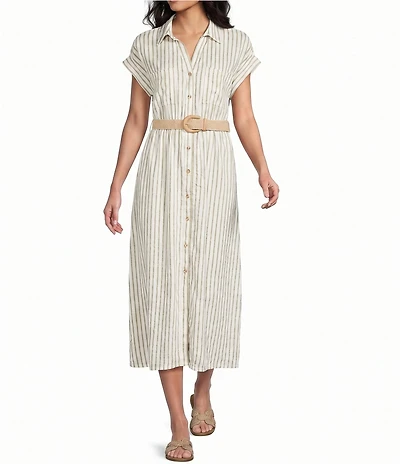 Blu Pepper Striped Short Sleeve Button Front Belted Midi Shirt Dress