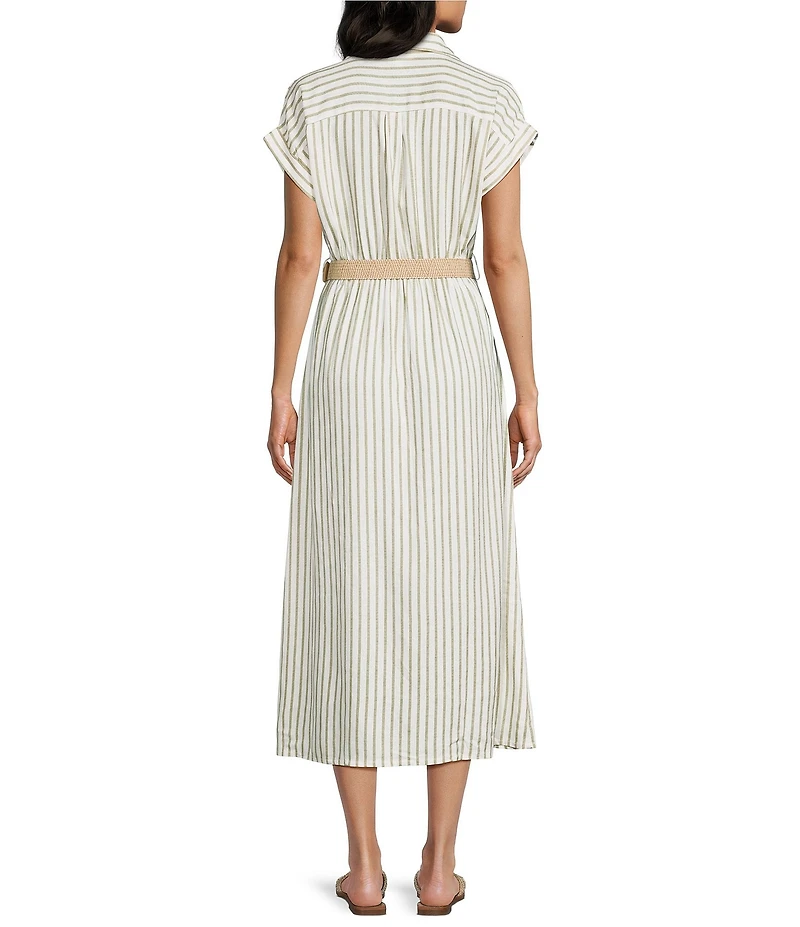 Blu Pepper Striped Short Sleeve Button Front Belted Midi Shirt Dress
