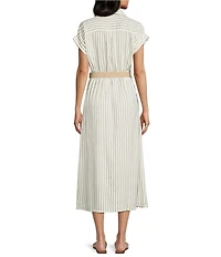 Blu Pepper Striped Short Sleeve Button Front Belted Midi Shirt Dress