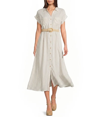 Blu Pepper Striped Short Sleeve Button Front Belted Midi Shirt Dress