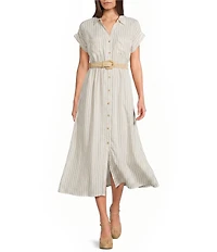Blu Pepper Striped Short Sleeve Button Front Belted Midi Shirt Dress