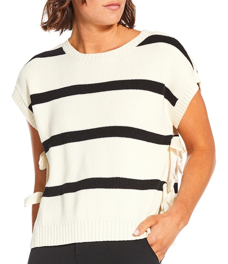 Blu Pepper Striped Short Sleeve Side Bow Detail Sweater