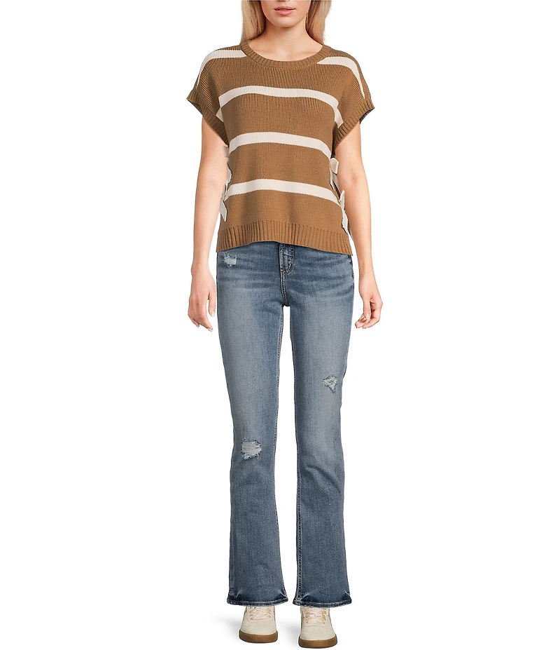 Blu Pepper Striped Short Sleeve Side Bow Detail Sweater