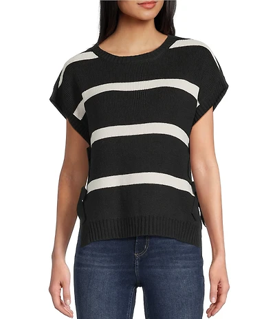 Blu Pepper Striped Short Sleeve Side Bow Detail Sweater