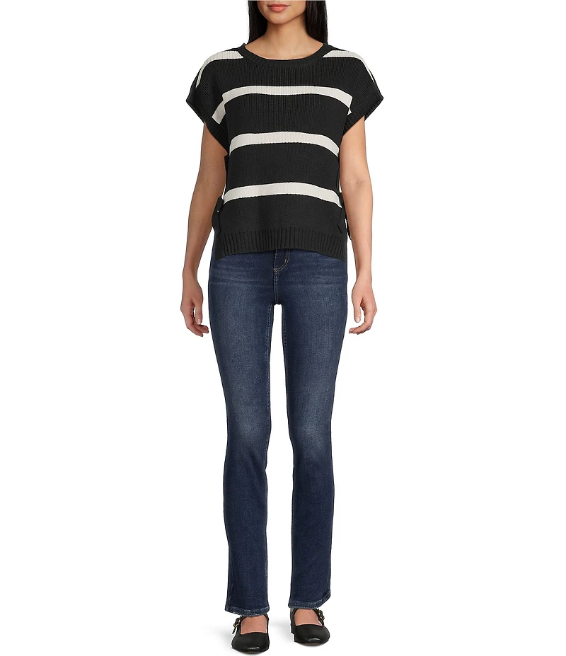 Blu Pepper Striped Short Sleeve Side Bow Detail Sweater