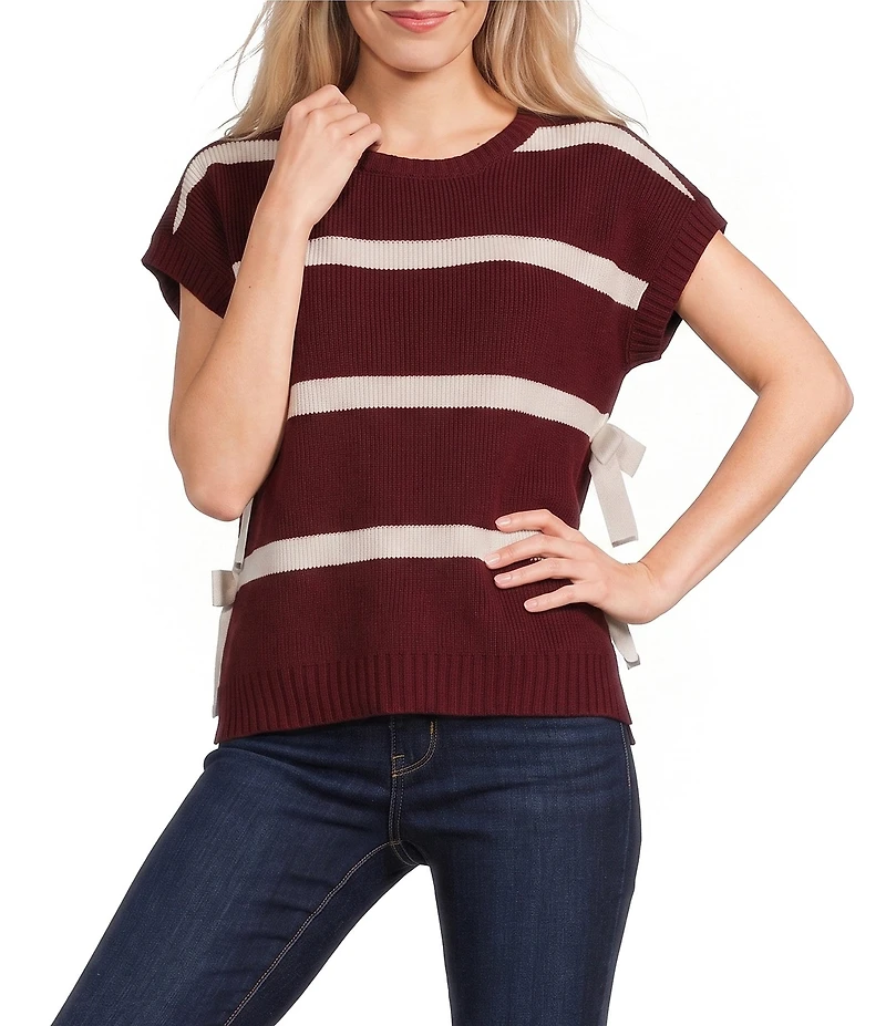 Blu Pepper Striped Cap Sleeve Side Bow Detail Sweater