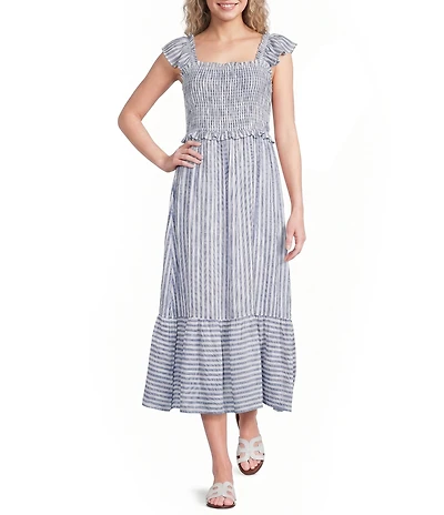 Blu Pepper Striped Square Neck Smocked Ruffle Trim Midi Dress