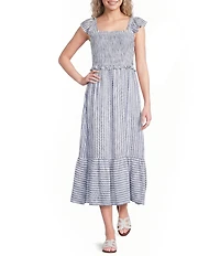 Blu Pepper Striped Square Neck Smocked Ruffle Trim Midi Dress