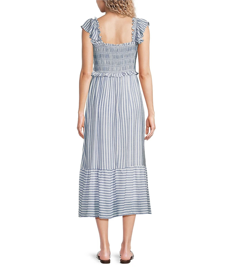 Blu Pepper Striped Square Neck Smocked Ruffle Trim Midi Dress