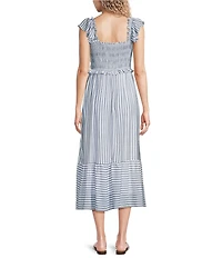 Blu Pepper Striped Square Neck Smocked Ruffle Trim Midi Dress