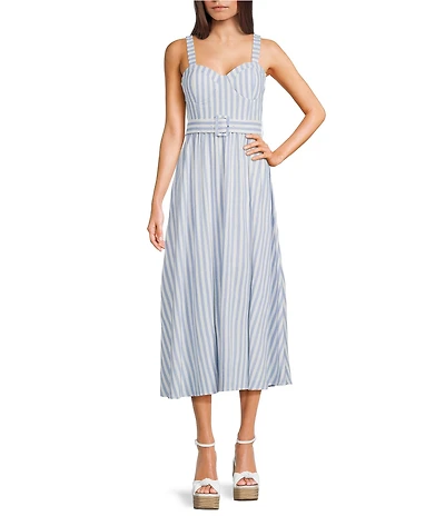 Blu Pepper Striped Sweetheart Neck Belted Midi Dress