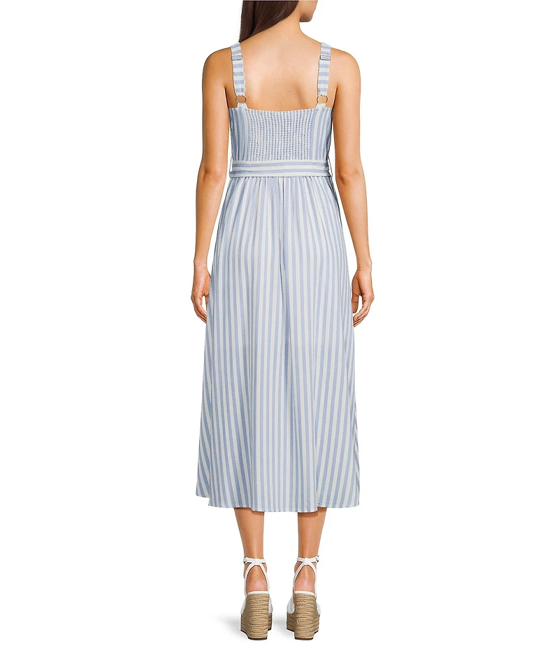 Blu Pepper Striped Sweetheart Neck Belted Midi Dress