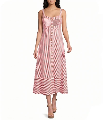 Blu Pepper Striped Sweetheart Neck Button Front Midi Dress
