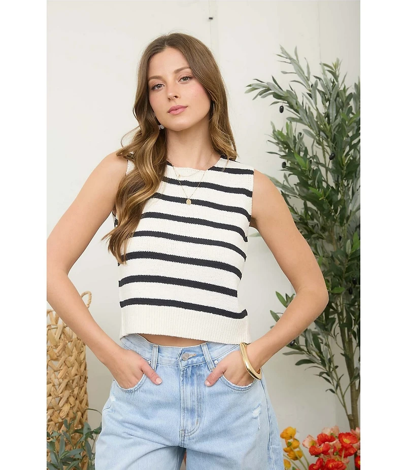 Blu Pepper Striped Tie Back Sleeveless Cropped Sweater