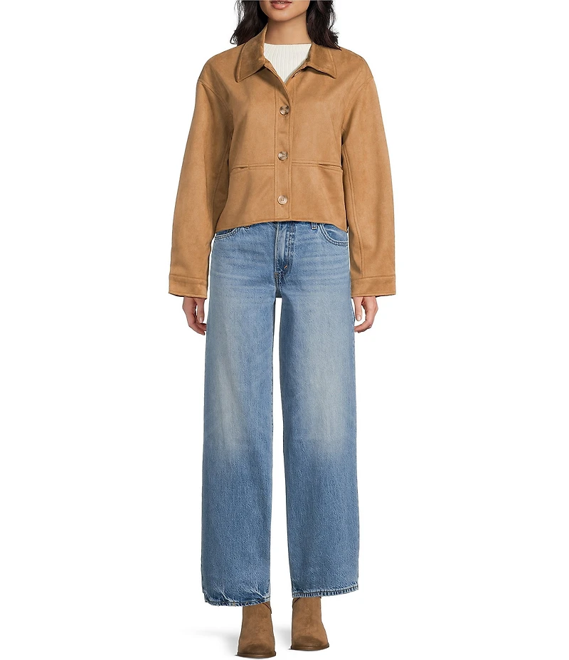 Blu Pepper Suede Collared Button Front Cropped Jacket