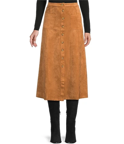 Blu Pepper Faux Suede Mid Rise Button Front Midi Skirt
