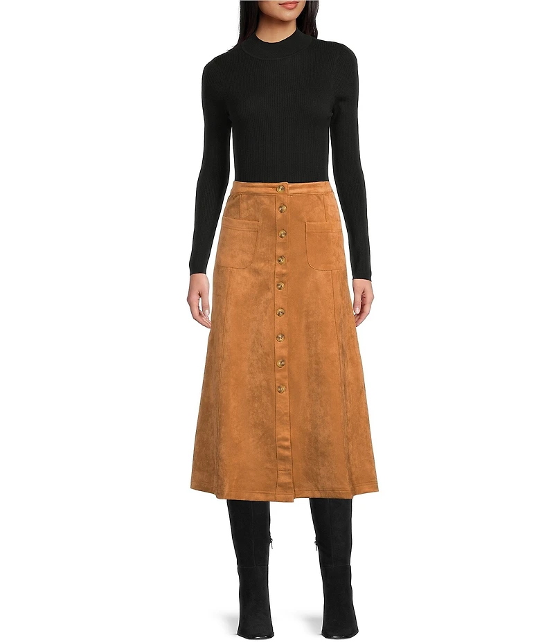 Blu Pepper Faux Suede Mid Rise Button Front Midi Skirt