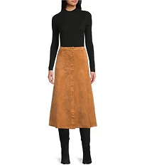 Blu Pepper Faux Suede Mid Rise Button Front Midi Skirt