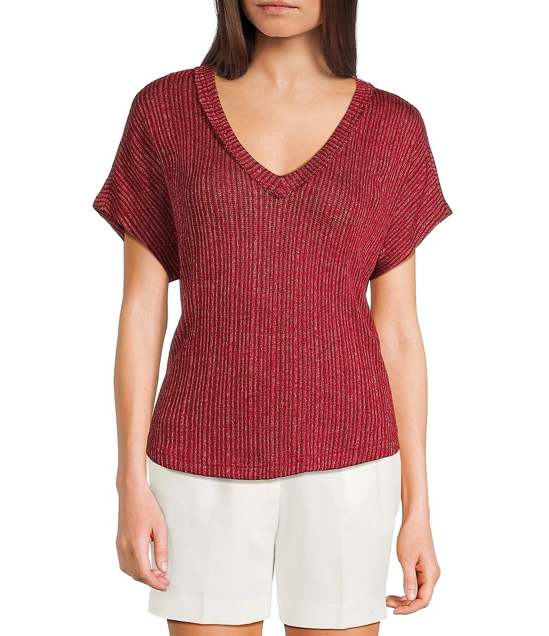 Blu Pepper Sweater Knit V-Neck Short Sleeve Top