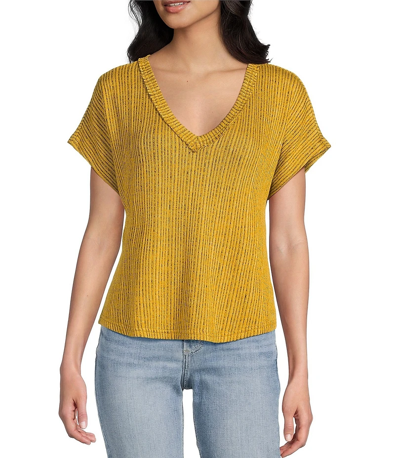 Blu Pepper Sweater Knit V-Neck Short Sleeve Top