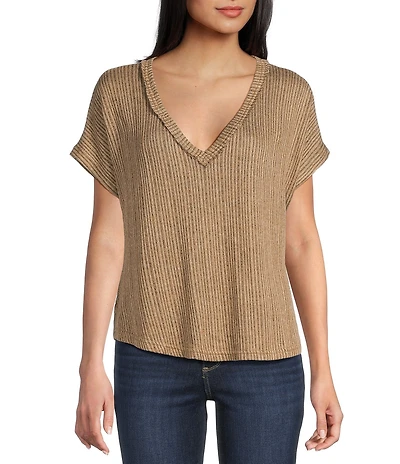 Blu Pepper Sweater Knit V-Neck Short Sleeve Top