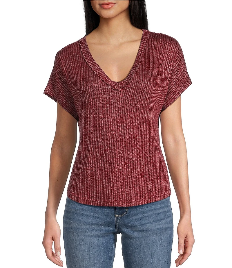 Blu Pepper Sweater Knit V-Neck Short Sleeve Top