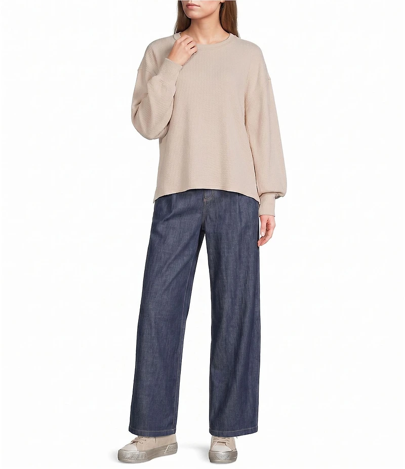 Blu Pepper Textured Exposed Seam Long Balloon Sleeve Knit Top