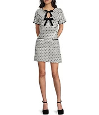 Blu Pepper Tweed Tie Front Short Sleeve Mini Shift Dress