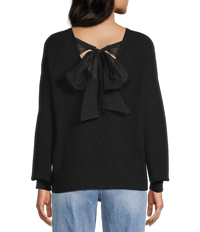 Blu Pepper V-Neck Drop Shoulder Tie Bow Back Sweater