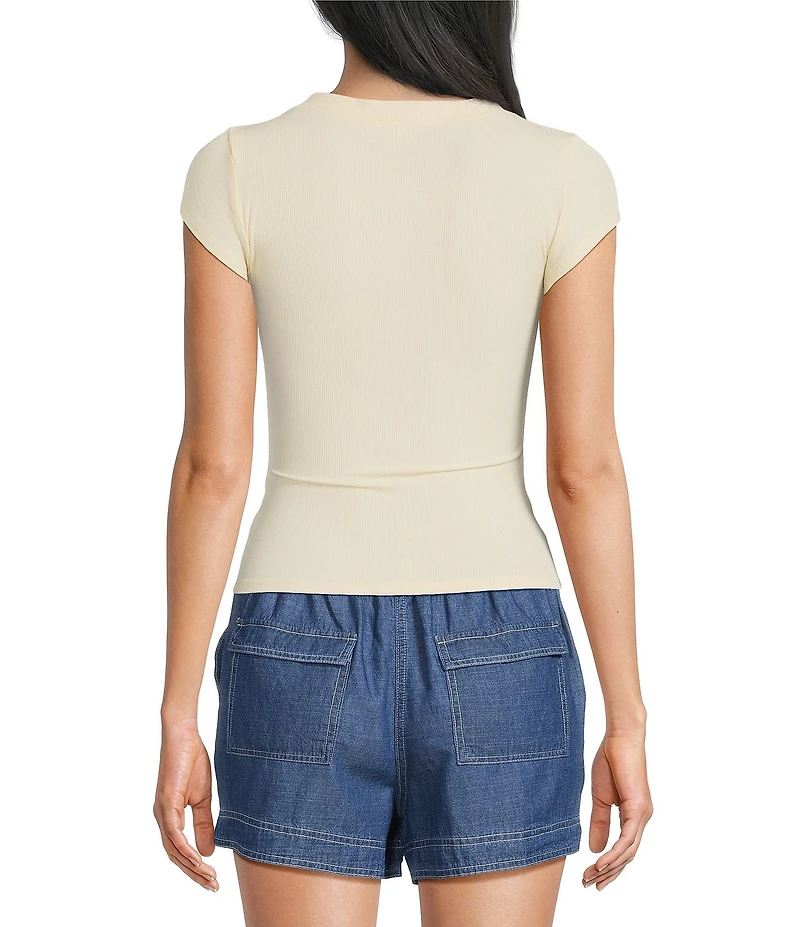 Blu Pepper V-Neck Short Sleeve Half Snap Button Knit Top