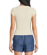 Blu Pepper V-Neck Short Sleeve Half Snap Button Knit Top
