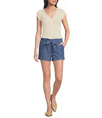 Blu Pepper V-Neck Short Sleeve Half Snap Button Knit Top