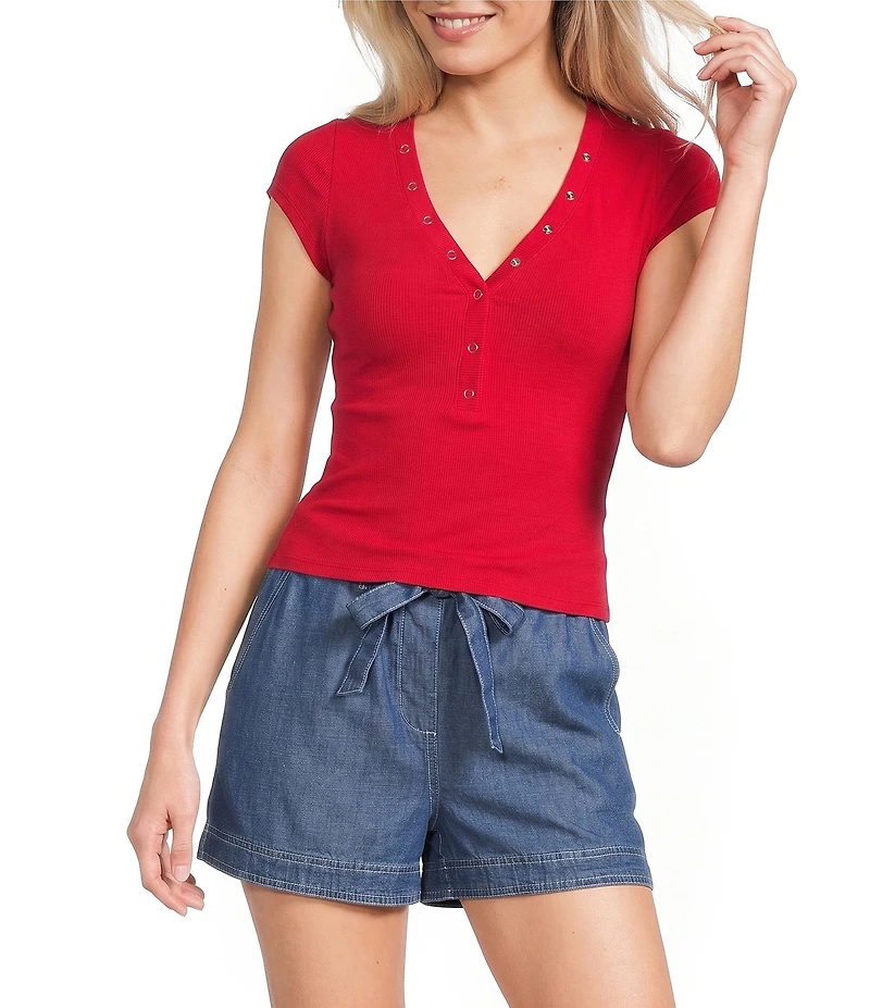 Blu Pepper V-Neck Short Sleeve Half Snap Button Knit Top