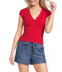 Blu Pepper V-Neck Short Sleeve Half Snap Button Knit Top