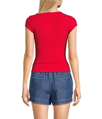 Blu Pepper V-Neck Short Sleeve Half Snap Button Knit Top
