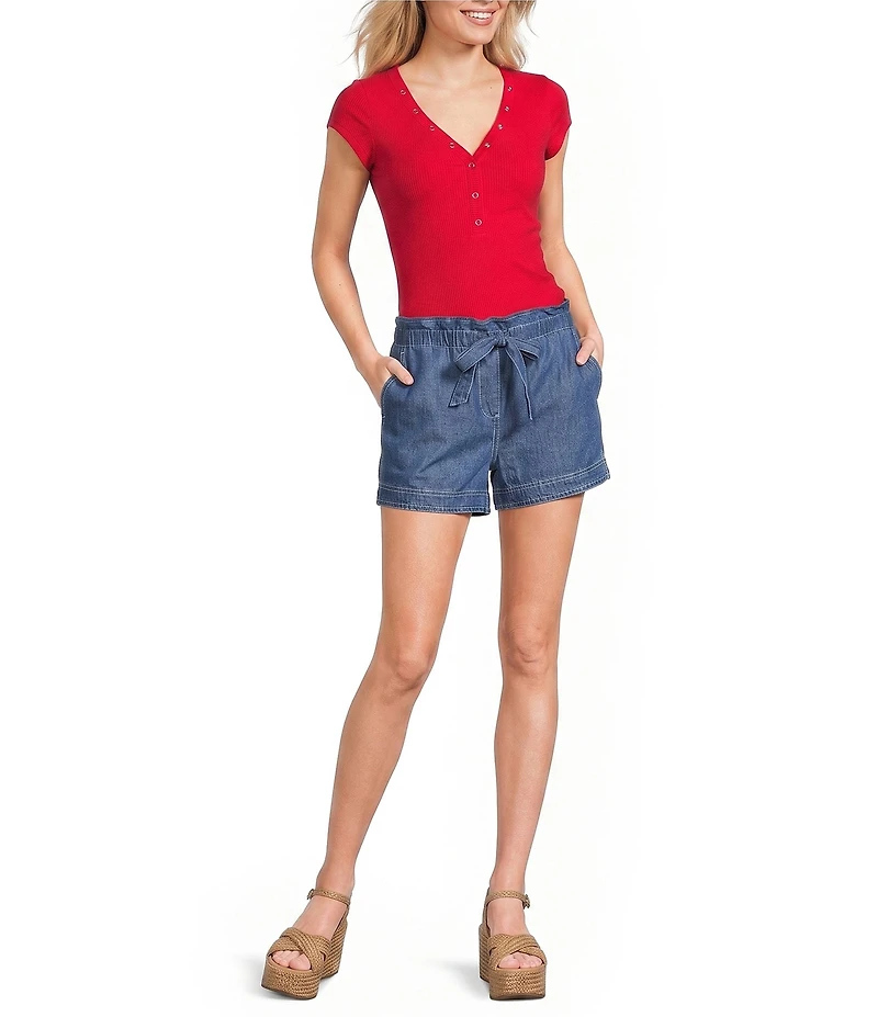 Blu Pepper V-Neck Short Sleeve Half Snap Button Knit Top